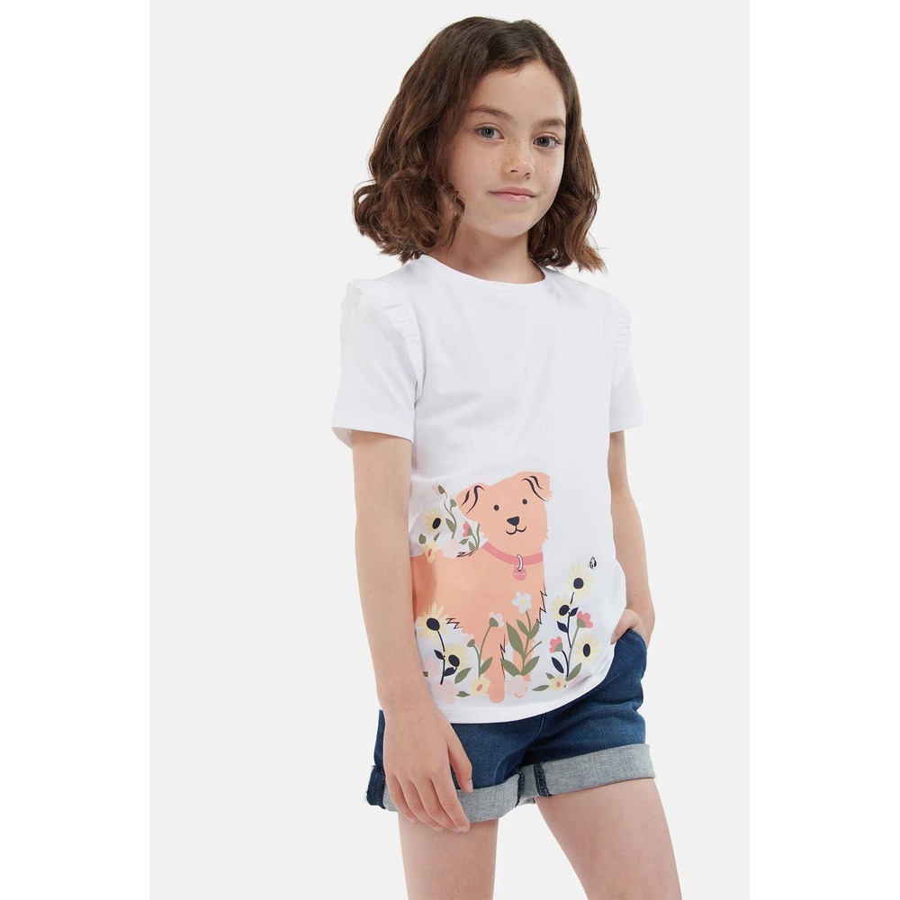 Barbour Girls Penny Tee White Graphic Dog Floral Ruffle Shirt Size M